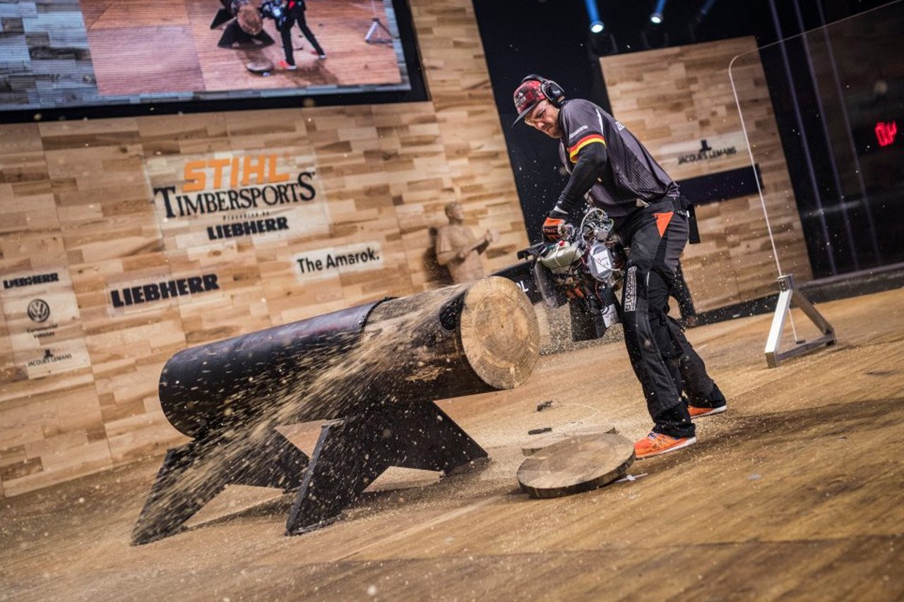 Sports lumberjack on stage at the 2018 STIHL TIMBERSPORTS® World Championship in Liverpool