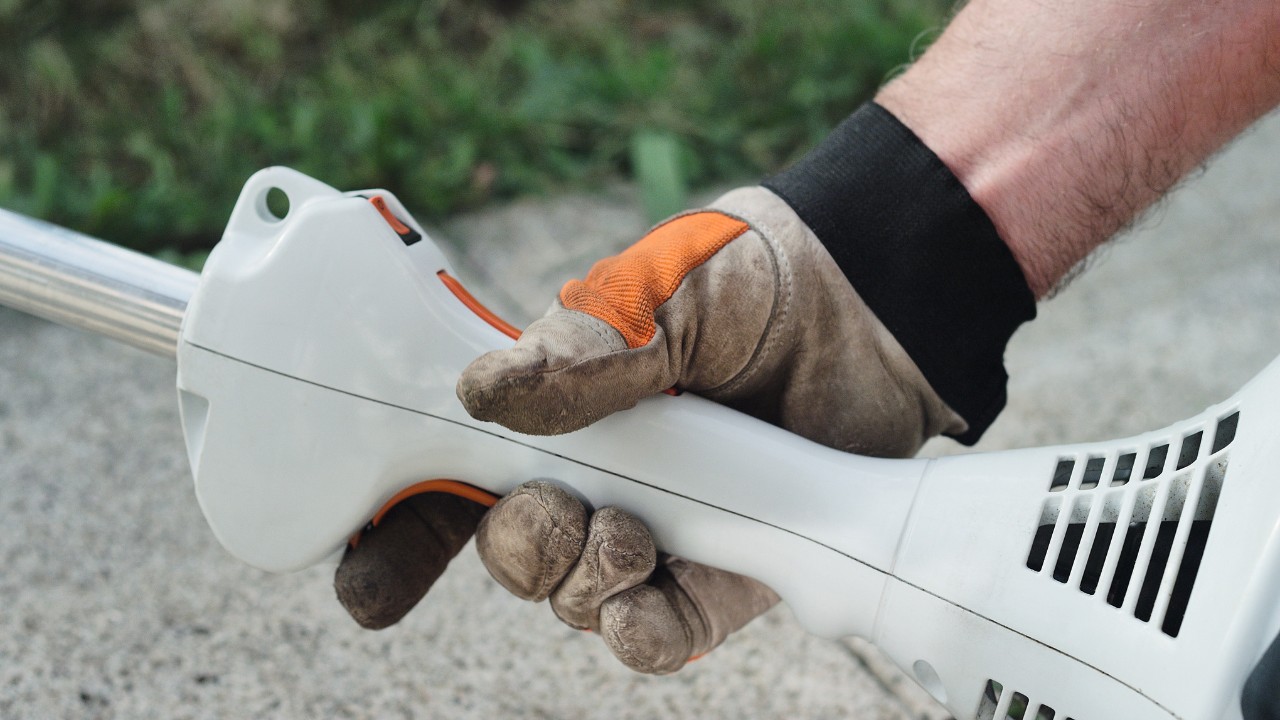 Actuating the stop switch on the STIHL FS 38 petrol brushcutter