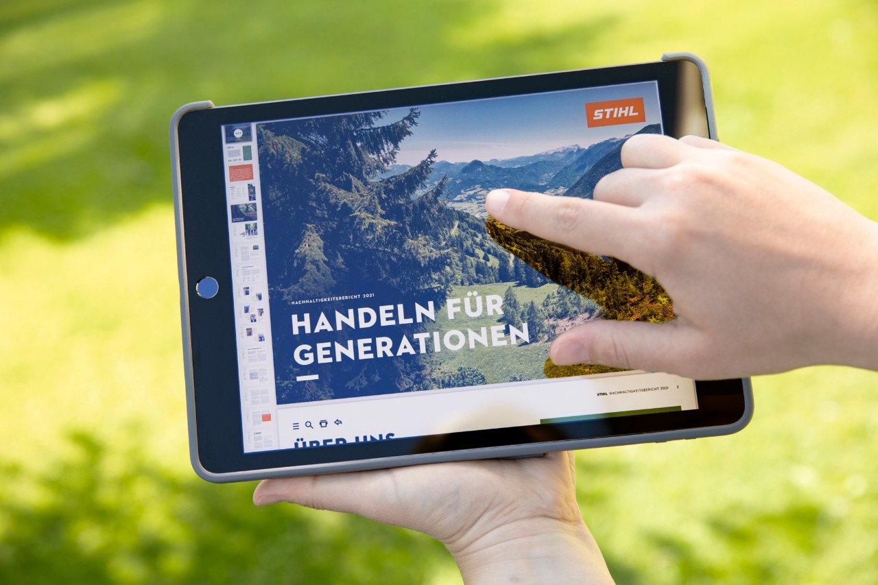 STIHL sustainability report on a tablet